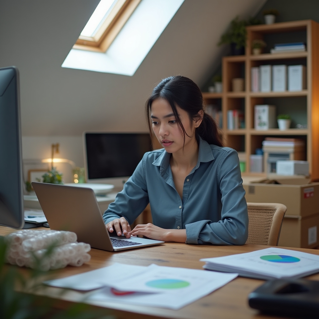 E-commerce seller reviewing financial data at a well-organized desk
