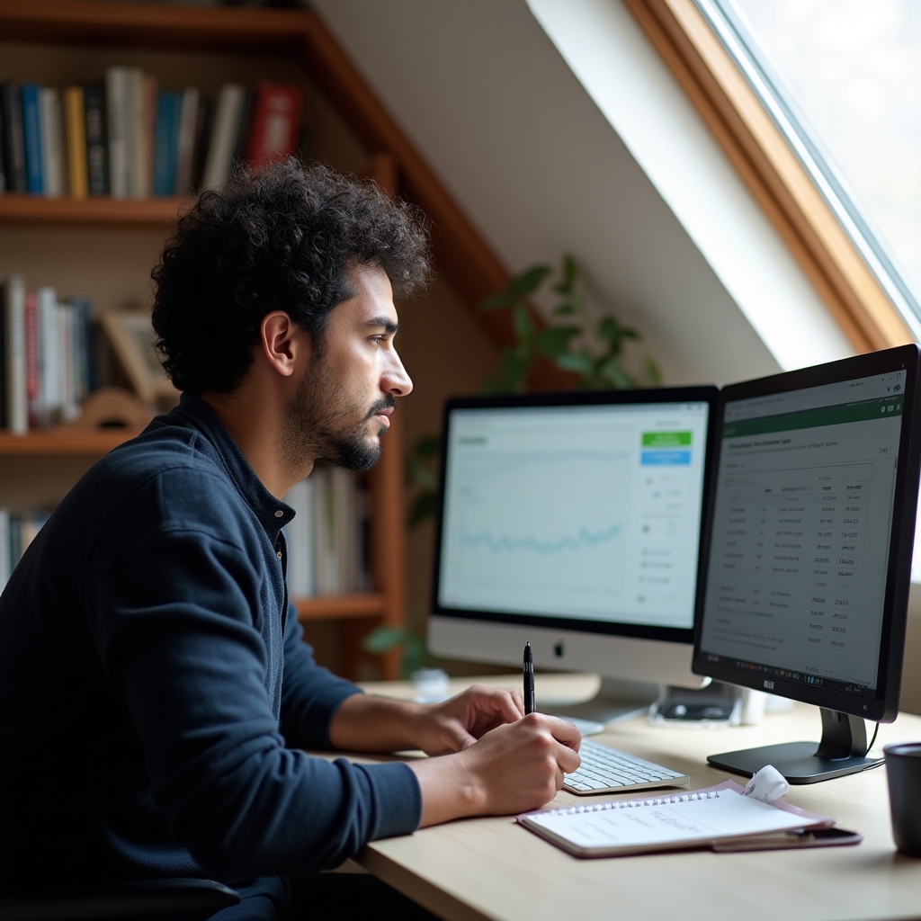 Freelancer reviewing project costs and time tracking on a laptop at home office