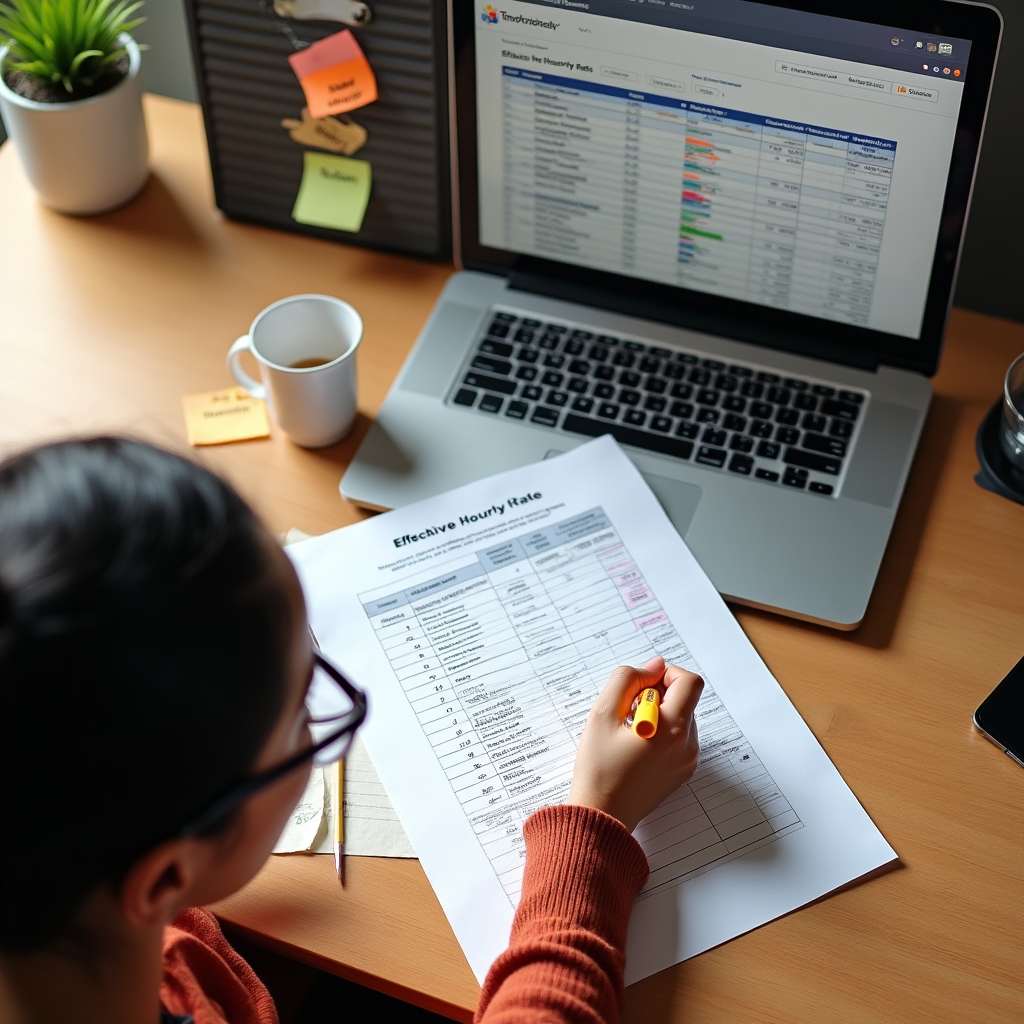 Time tracking spreadsheet showing project hours and effective rate calculation for freelancers