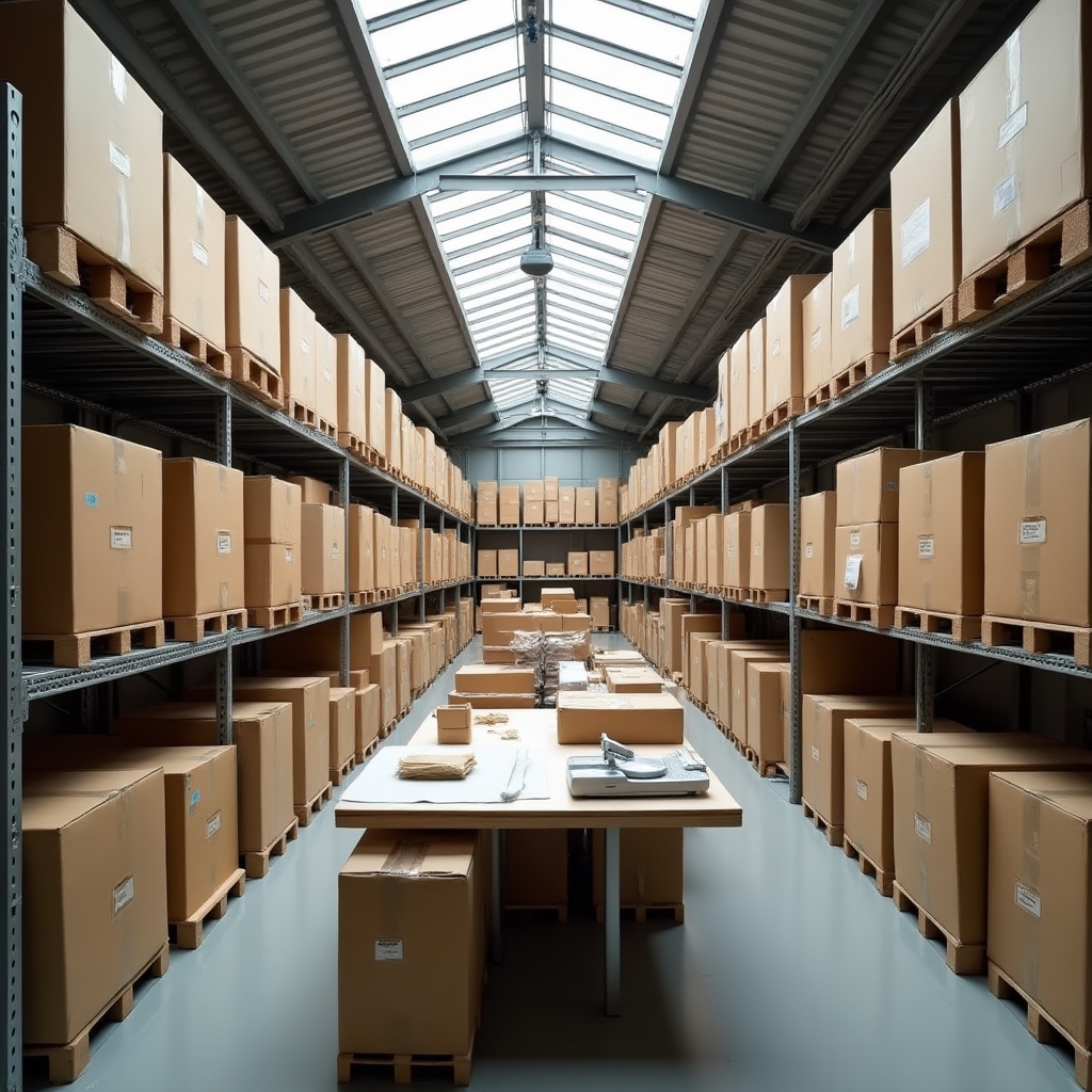 Small e-commerce packing station with boxes and shipping supplies organized neatly
